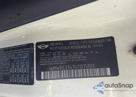 2004 Mini Cooper S z USA, uszkodzony, nr VIN WMWRE33474TD75901